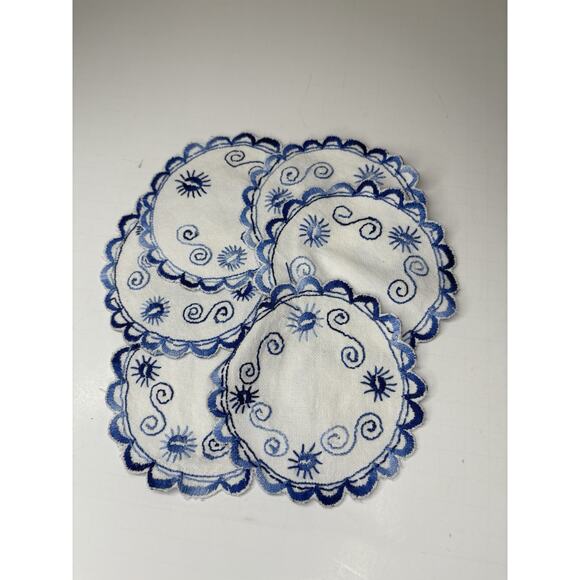 Vintage Needlepoint Drink Cocktail Coasters Set of 6 Handmade Blue Sun Swirl - Picture 2 of 5